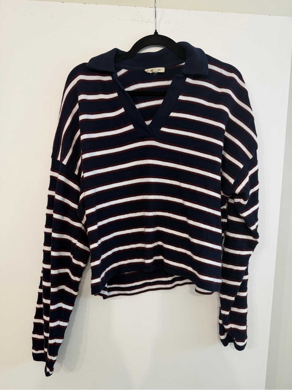 Madewell Navy, White & Burgundy Striped Collared V-Neck Sweater